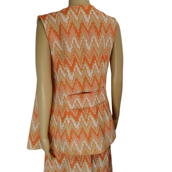 60s Orange Chevron Print Maxi Skirt Matching SS Vest Leisure Suit Set Size 13/14 - Picture 6 of 11